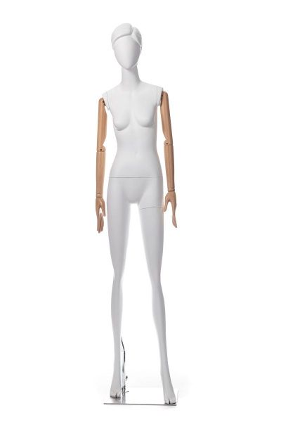Женский манекен с шарнирными деревянными руками \ Sara-04, Белый матовый, руки светлое дерево