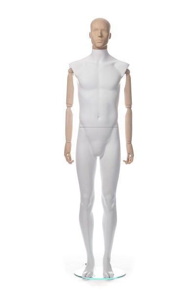 Мужской абстрактный манекен с деревянными руками и головой  \ ABM-1-WOOD HEAD, подставка стекло