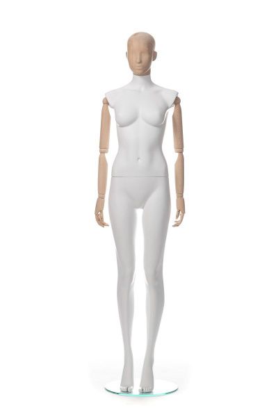 Женский абстрактный манекен с деревянными руками и головой \ MBF-1-WOOD HEAD, подставка стекло