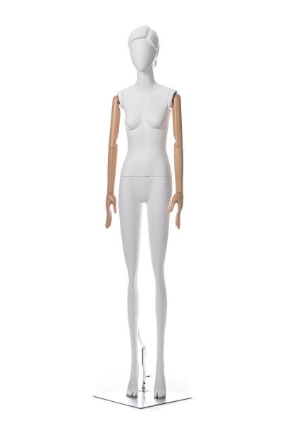 Женский манекен с шарнирными деревянными руками \ Sara-01, Белый матовый, руки светлое дерево